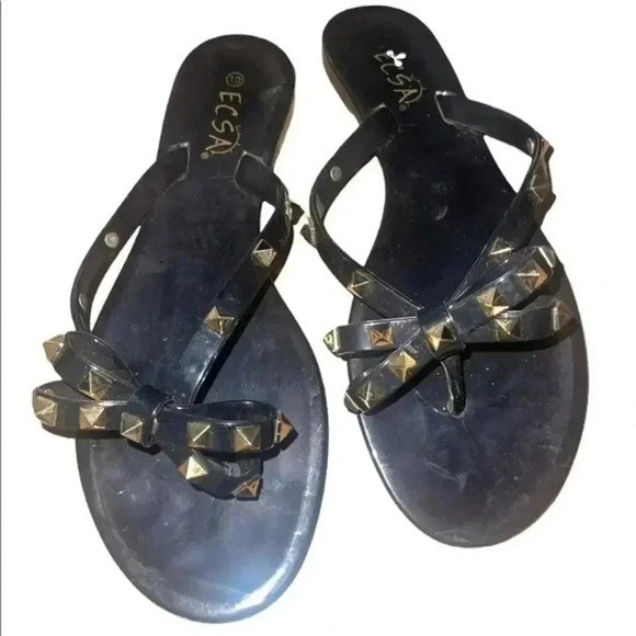 Black Flip Flops with Gold Sequined Bows - Picture 5 of 7